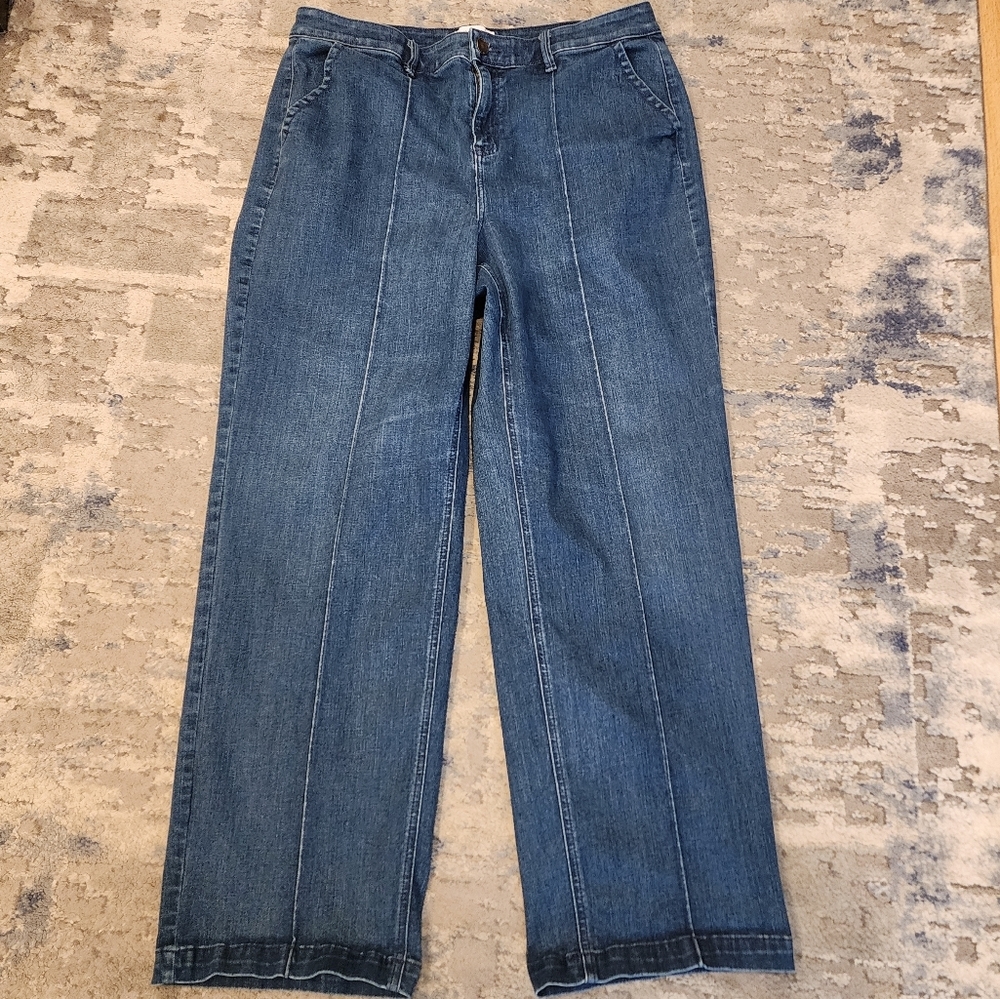 Lane Bryant Straight Wide Medium Wash Jeans‎ Stretch Denim Front Seam Size 16